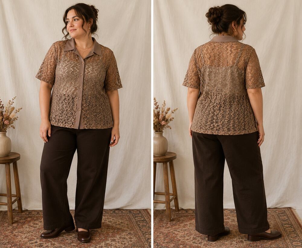 Vintage Style Sheer Metallic Bronze Lace Button-Up Shirt – Size XXXL